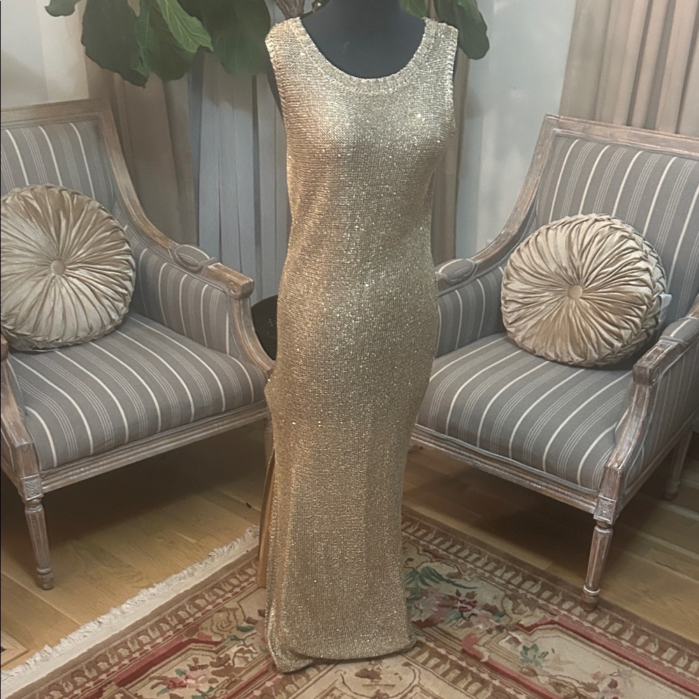 Shimmering Gold Sleeveless Maxi Knit Dress